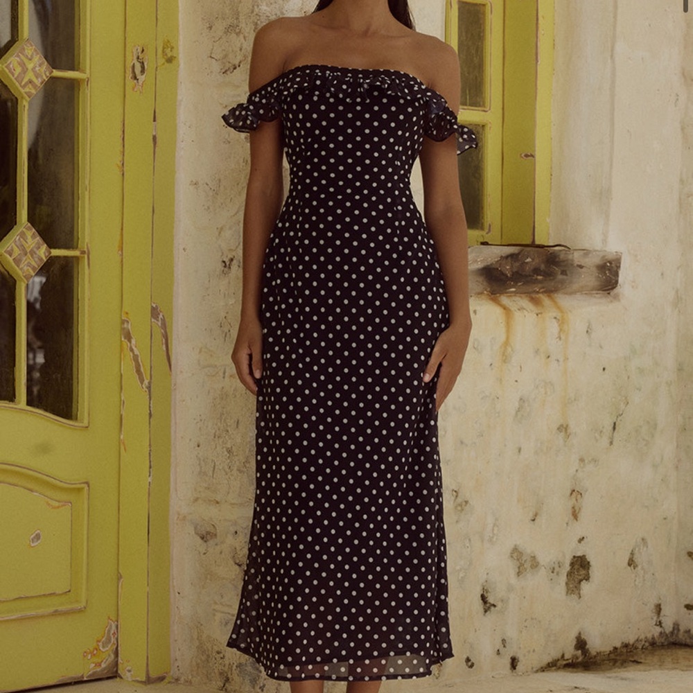 Runaway the label black and white  Ruffled Tiered Off-Shoulder Midi Dress